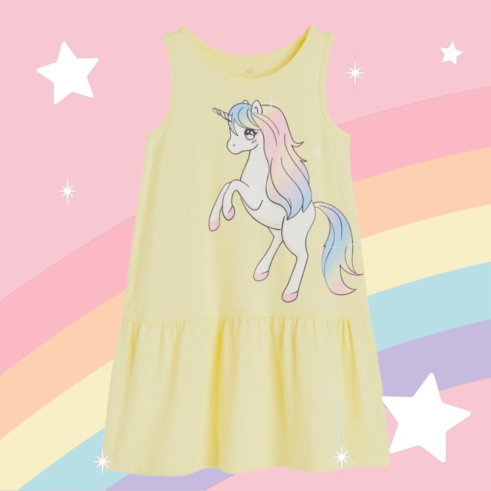 H&M Big Yellow Unicorn Sleeveless dress 100% Cotton Sting free size 2T NWT